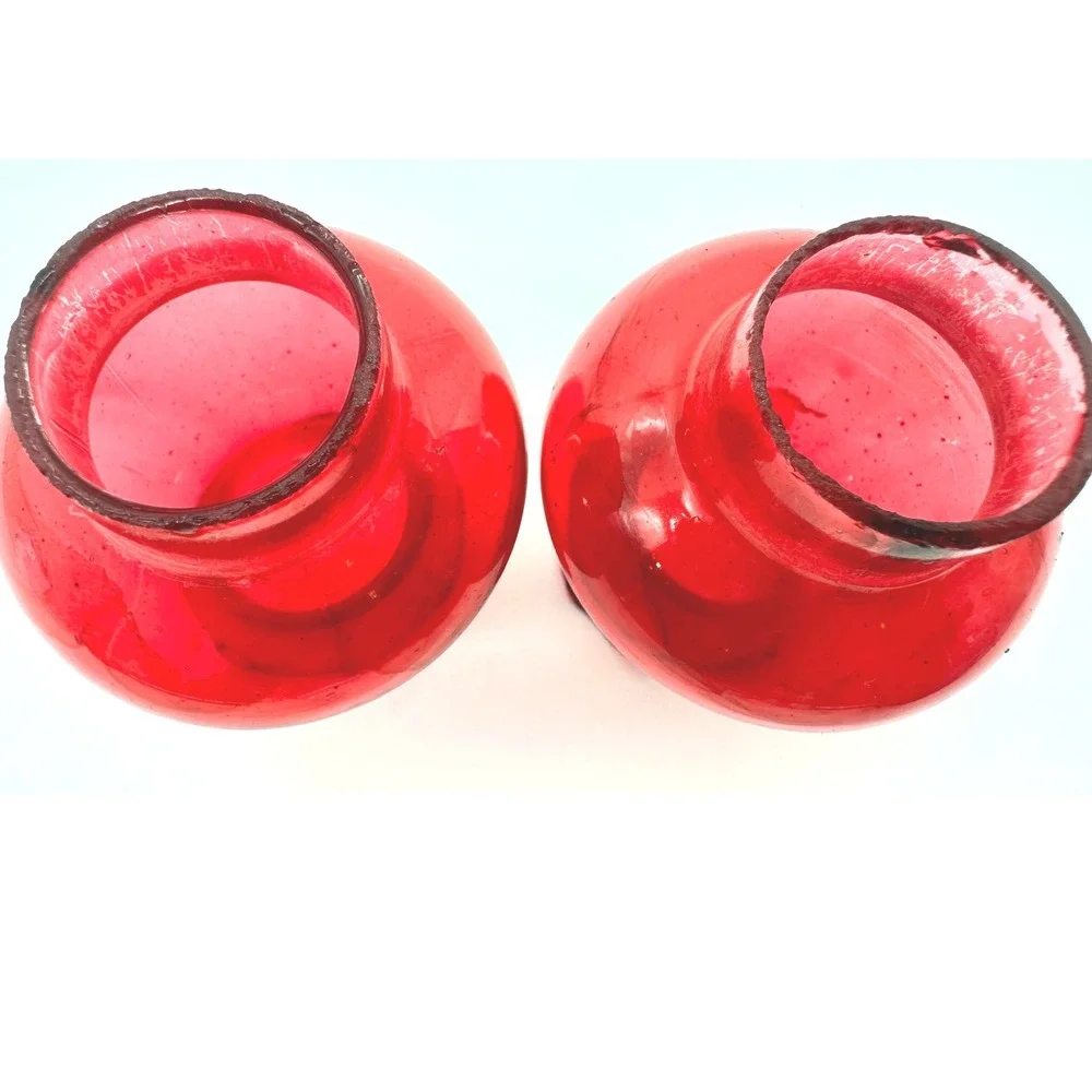 Vintage Miniature Oil Lamps Pair Ruby Red Fenton Style Milk Glass Hobnail 6.5